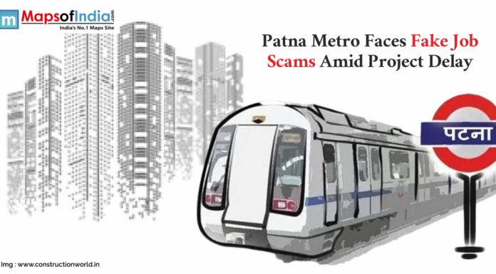 Patna Metro Faces Fake Job Scams Amid Project Delay Illustration of a metro train and signage with the text 'Patna' in Hindi, alongside a cityscape background and headline text reading 'Patna Metro Faces Fake Job Scams Amid Project Delay'.