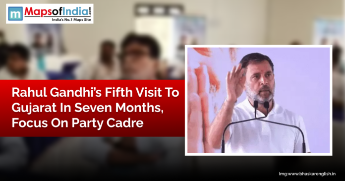 Rahul Gandhi speaks at a public event during his fifth visit to Gujarat in seven months, addressing party workers with a focus on strengthening the party cadre.