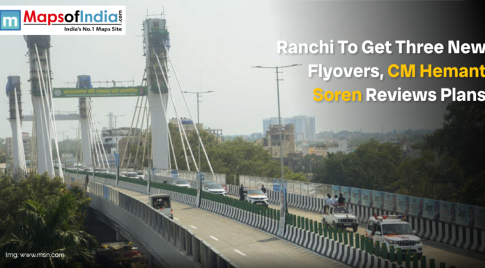 Ranchi to Get Three New Flyovers, CM Hemant Soren Reviews Plans View of a flyover in Ranchi with vehicles moving, alongside text announcing that the city will get three new flyovers as CM Hemant Soren reviews plans.