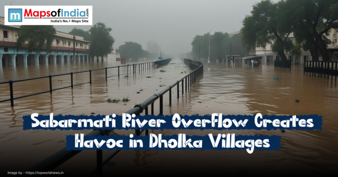 Flooded streets in Dholka villages as the Sabarmati River overflows, submerging roads and buildings under heavy waterlogging.