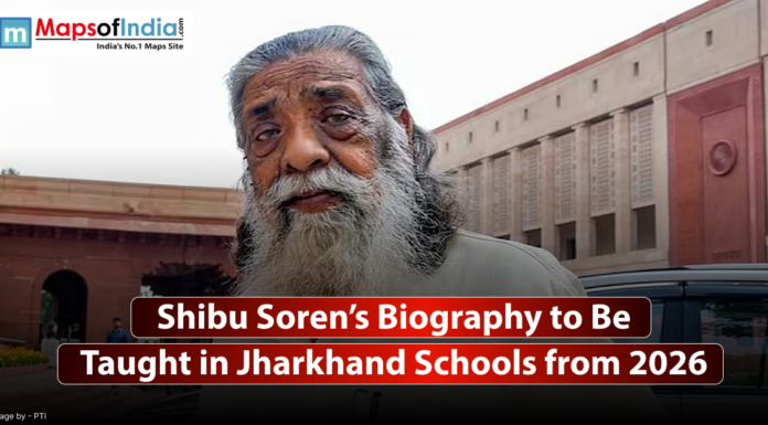 Shibu Soren’s Biography to Be Taught in Jharkhand Schools from 2026 Portrait of Shibu Soren with a government building in the background, alongside headline text stating 'Shibu Soren’s Biography to Be Taught in Jharkhand Schools from 2026'