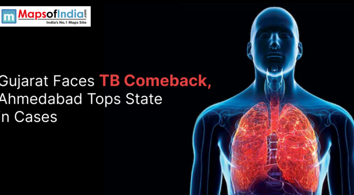 Gujarat Faces TB Comeback, Ahmedabad Tops State in Cases Infographic from MapsofIndia highlighting a TB (tuberculosis) resurgence in Gujarat, with Ahmedabad leading the state in reported cases; includes a human body illustration showing affected lungs.