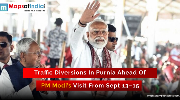 Bihar: Route Chart Issued for PM’s Purnia Visit, Traffic System to Remain Changed Prime Minister Narendra Modi waves to the crowd during a public event in Purnia, Bihar, with security personnel and officials around him, as traffic diversions are announced ahead of his visit from September 13–15.