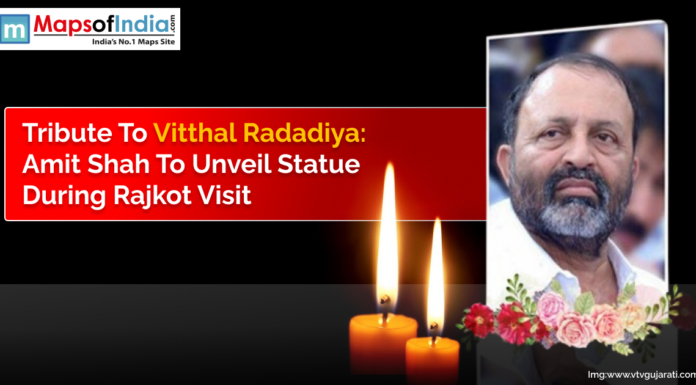 Tribute to Vitthal Radadiya: Amit Shah to Unveil Statue During Rajkot Visit Tribute poster of Vitthal Radadiya with news headline stating Amit Shah to unveil his statue during Rajkot visit, alongside candles and floral decoration.
