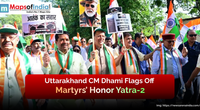 Uttarakhand CM Dhami Flags Off Martyrs’ Honor Yatra-2 Uttarakhand CM Pushkar Singh Dhami flags off Martyrs’ Honor Yatra-2 with supporters holding placards and Indian flags during a patriotic rally.