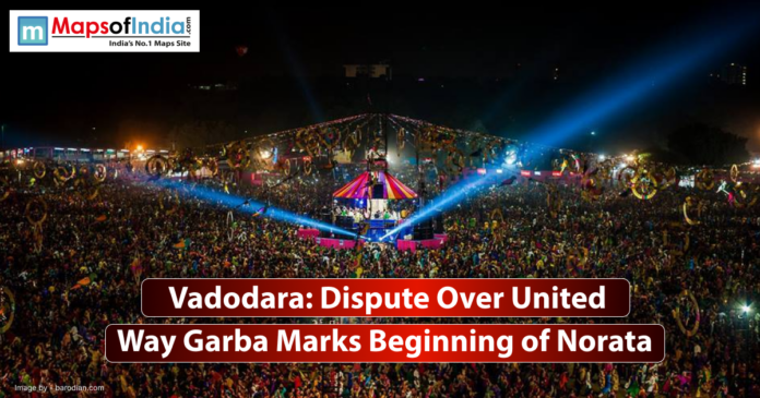 Crowd gathered at a United Way Garba event in Vadodara, marking the first day of Norata festival, amidst controversy and local dispute.