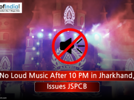 Notice board image stating no loud music after 10 PM in Jharkhand issued by JSPCB with speaker mute sign
