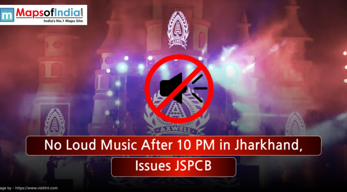No Loud Music After 10 PM in Jharkhand, Issues JSPCB Notice board image stating no loud music after 10 PM in Jharkhand issued by JSPCB with speaker mute sign
