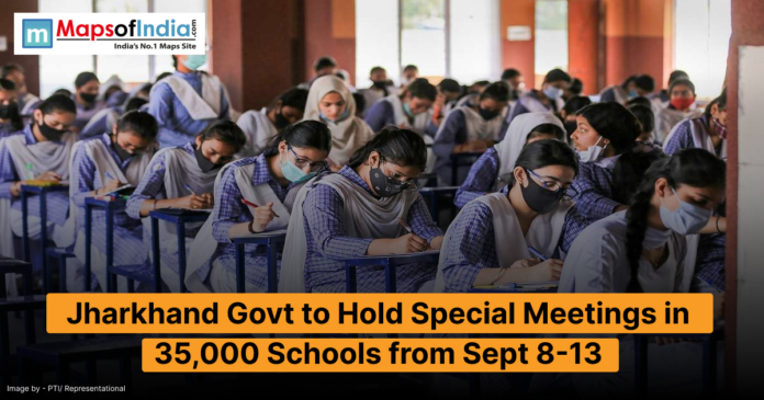 Students in school uniforms sitting at desks in a crowded classroom, with a headline about special meetings in 35,000 Jharkhand schools from September 8-13