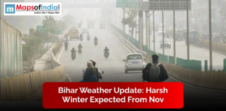 Bihar Weather Update: Harsh Winter Expected from Nov Motorcyclists and cars drive through a misty road in Bihar, with a news headline stating a harsh winter is expected from November.