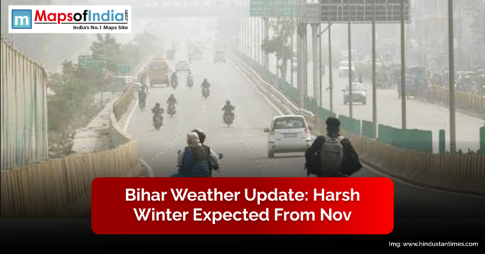 Motorcyclists and cars drive through a misty road in Bihar, with a news headline stating a harsh winter is expected from November.