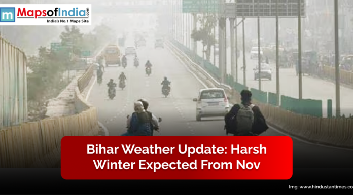 Bihar Weather Update: Harsh Winter Expected from Nov Motorcyclists and cars drive through a misty road in Bihar, with a news headline stating a harsh winter is expected from November.