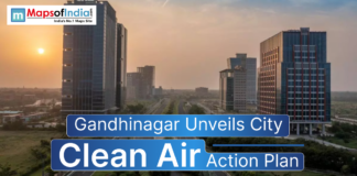 Gandhinagar Unveils City Clean Air Action Plan Cityscape of Gandhinagar with modern buildings at sunset, representing the launch of the City Clean Air Action Plan aimed at improving air quality and promoting sustainable urban living.