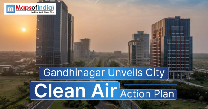 Cityscape of Gandhinagar with modern buildings at sunset, representing the launch of the City Clean Air Action Plan aimed at improving air quality and promoting sustainable urban living.