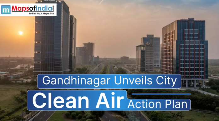 Gandhinagar Unveils City Clean Air Action Plan Cityscape of Gandhinagar with modern buildings at sunset, representing the launch of the City Clean Air Action Plan aimed at improving air quality and promoting sustainable urban living.