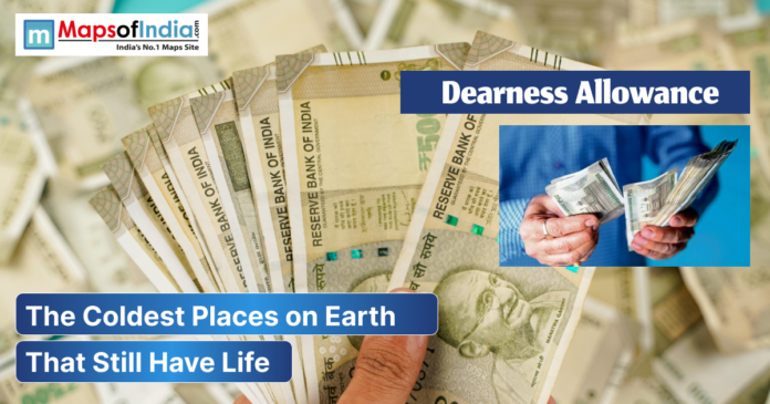 Image showing Indian currency notes representing Dearness Allowance (DA), with a person counting money, and the Maps of India logo on top.