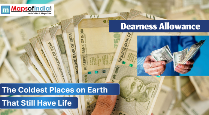 Jharkhand Govt Hikes DA to 58% Ahead of Diwali 2025 Image showing Indian currency notes representing Dearness Allowance (DA), with a person counting money, and the Maps of India logo on top.