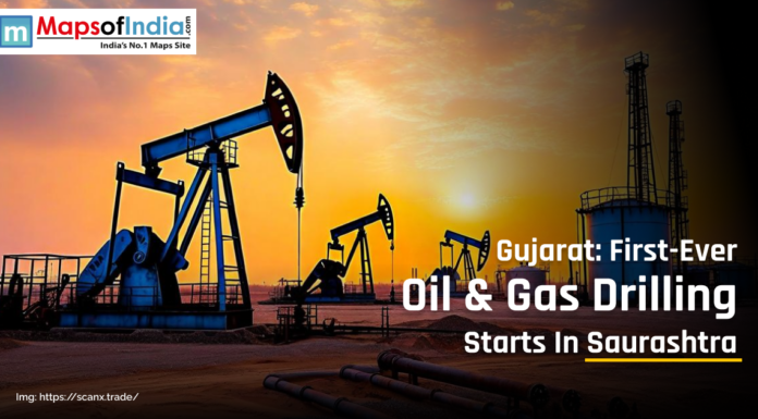 Gujarat: First-Ever Oil & Gas Drilling Starts in Saurashtra Image of oil and gas drilling in the sunset view