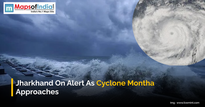 Jharkhand on Alert as Cyclone Montha Approaches Stormy sea and satellite image showing Cyclone Montha approaching Jharkhand.