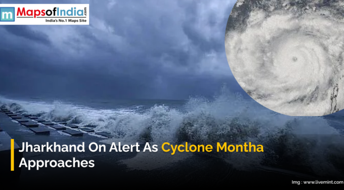 Jharkhand on Alert as Cyclone Motha Approaches Stormy sea and satellite image showing Cyclone Montha approaching Jharkhand.