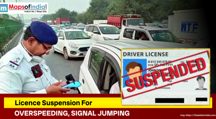 Licence Suspension for Overspeeding, Signal Jumping Traffic police officer checking documents of a driver on a busy road; image highlights ‘Driver License Suspended’ notice with text ‘Licence Suspension for Overspeeding, Signal Jumping’