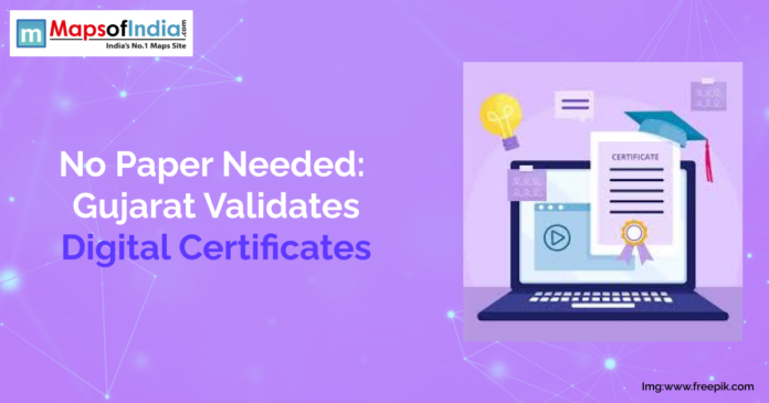 No Paper Needed_ Gujarat Validates Digital Certificates Illustration showing a laptop displaying a digital certificate with icons of a light bulb and graduation cap, symbolizing online validation. The headline reads, “No Paper Needed: Gujarat Validates Digital Certificates