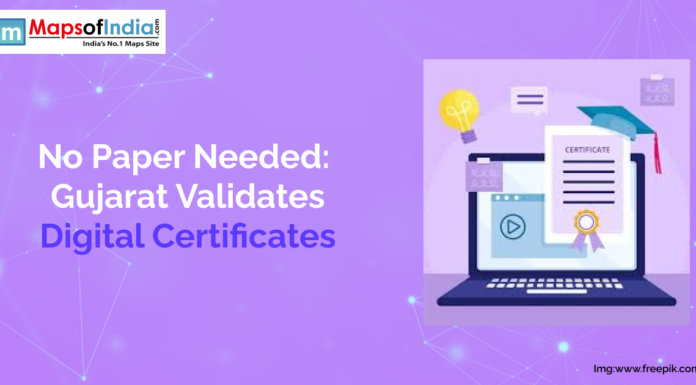No Paper Needed: Gujarat Validates Digital Certificates Illustration showing a laptop displaying a digital certificate with icons of a light bulb and graduation cap, symbolizing online validation. The headline reads, “No Paper Needed: Gujarat Validates Digital Certificates"