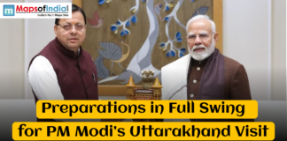 Preparations in Full Swing for PM Modi’s Uttarakhand Visit "PM Narendra Modi and Uttarakhand Chief Minister Pushkar Singh Dhami during preparations for the Prime Minister’s visit to Uttarakhand, highlighted by Maps of India."