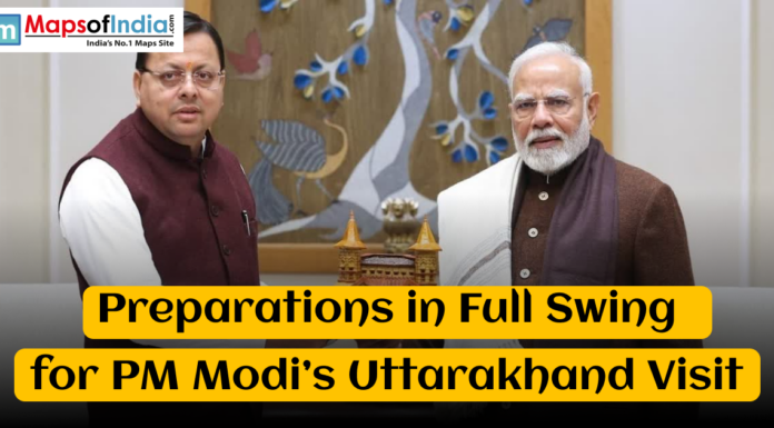 Preparations in Full Swing for PM Modi’s Uttarakhand Visit "PM Narendra Modi and Uttarakhand Chief Minister Pushkar Singh Dhami during preparations for the Prime Minister’s visit to Uttarakhand, highlighted by Maps of India."