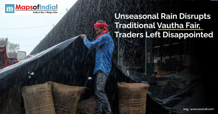 Unseasonal Rain Disrupts Traditional Vautha Fair, Traders Left Disappointed A trader covers goods with plastic sheets during heavy rain at the Vautha Fair in Gujarat, as unseasonal rainfall disrupts the traditional event and disappoints participants.