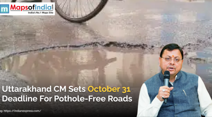Uttarakhand CM Sets October 31 Deadline for Pothole-Free Roads Uttarakhand CM Pushkar Singh Dhami and in background, a road with potholes
