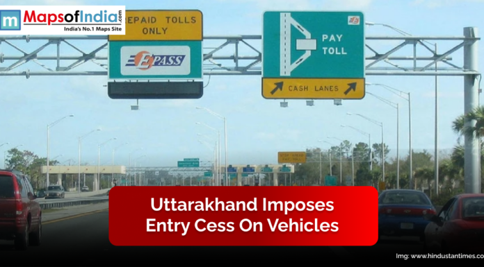 Uttarakhand Imposes Entry Cess on Vehicles “Highway toll plaza with cars approaching lanes marked for prepaid tolls and cash payments, representing Uttarakhand’s new entry cess on vehicles, as reported by Maps of India.”