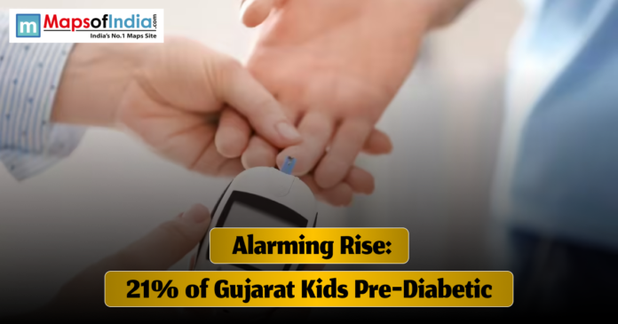 alarming rise A person checking blood sugar levels using a glucose meter by pricking a finger. The image contains the text “Alarming Rise: 21% of Gujarat Kids Pre-Diabetic” along with the Maps of India logo.
