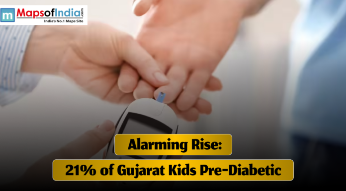 Alarming Rise: 21% of Gujarat Kids Pre-Diabetic A person checking blood sugar levels using a glucose meter by pricking a finger. The image contains the text “Alarming Rise: 21% of Gujarat Kids Pre-Diabetic” along with the Maps of India logo.