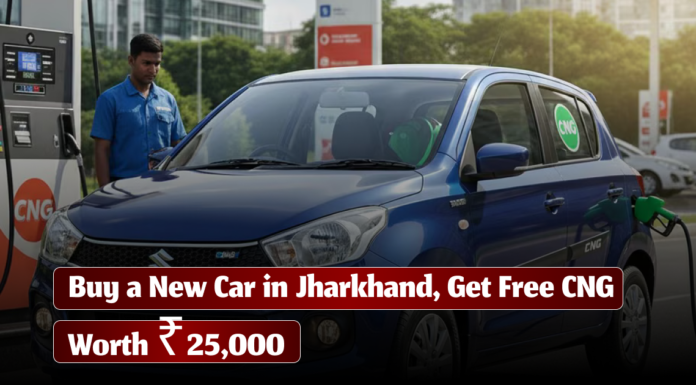 Buy a New Car in Jharkhand, Get Free CNG Worth ₹25,000 A blue CNG car being refueled at a CNG station with a worker standing nearby. The image includes the text “Buy a New Car in Jharkhand, Get Free CNG Worth ₹25,000” written in bold white and red font.