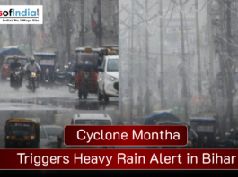 Cyclone Montha Triggers Heavy Rain Alert in Bihar Vehicles and people move through heavy rainfall on a city street in Bihar, with poor visibility due to Cyclone Montha, as the image headline reads “Cyclone Montha Triggers Heavy Rain Alert in Bihar”