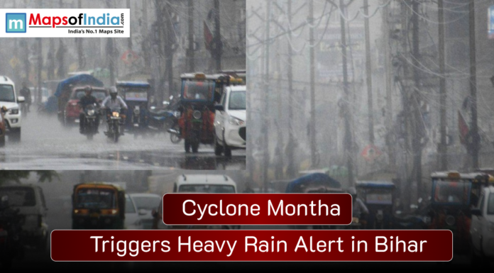 Cyclone Montha Triggers Heavy Rain Alert in Bihar Vehicles and people move through heavy rainfall on a city street in Bihar, with poor visibility due to Cyclone Montha, as the image headline reads “Cyclone Montha Triggers Heavy Rain Alert in Bihar”
