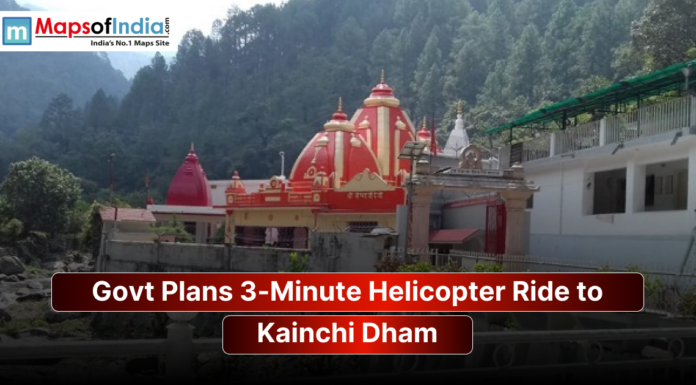 Govt Plans 3-Minute Helicopter Ride to Kainchi Dham Government plans a 3-minute helicopter ride to Kainchi Dham temple in Uttarakhand, image showing the temple complex surrounded by hills and greenery.