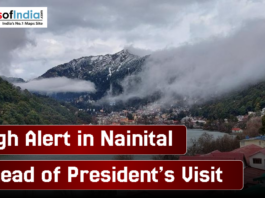High Alert in Nainital Ahead of President’s Visit Scenic view of Nainital with mist-covered hills and snow-capped mountains, showing the headline “High Alert in Nainital Ahead of President’s Visit”