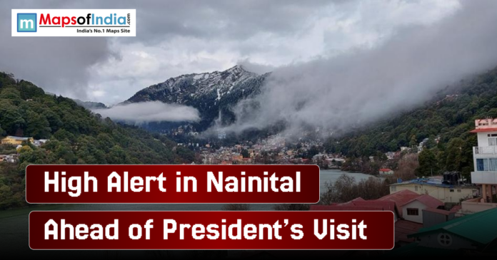 high alert Scenic view of Nainital with mist-covered hills and snow-capped mountains, showing the headline “High Alert in Nainital Ahead of President’s Visit”