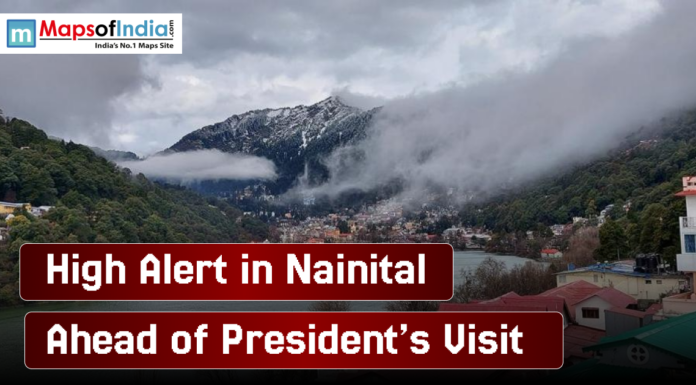 High Alert in Nainital Ahead of President’s Visit Scenic view of Nainital with mist-covered hills and snow-capped mountains, showing the headline “High Alert in Nainital Ahead of President’s Visit”