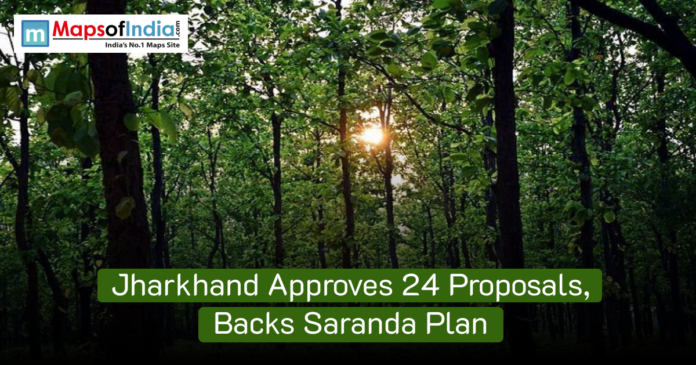 Jharkhand government officials at a meeting approving 24 proposals, including support for the Saranda Plan, highlighting development and policy decisions in the state.