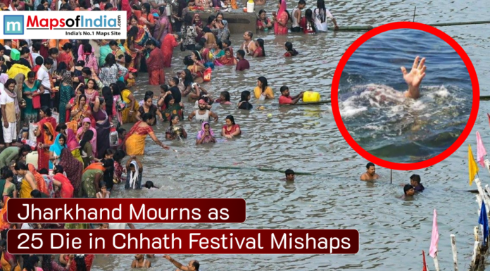 Jharkhand Mourns as 25 Die in Chhath Festival Mishaps A crowded riverbank in Jharkhand where devotees are performing Chhath Puja rituals, with a highlighted inset showing a drowning hand symbolizing tragic mishaps. The headline reads “Jharkhand Mourns as 25 Die in Chhath Festival Mishaps."