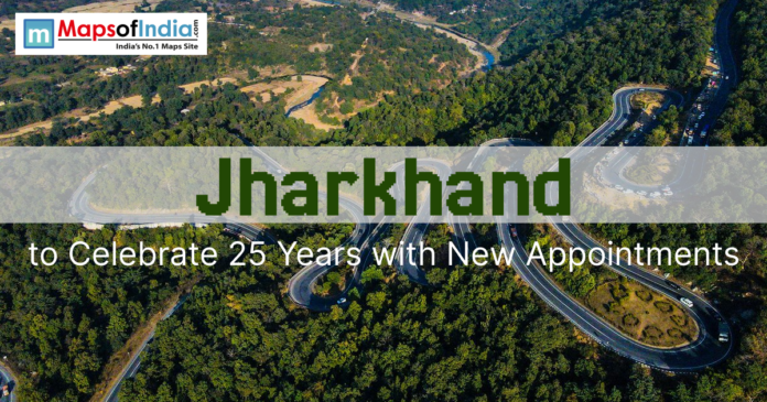 Aerial view of winding roads through lush green hills in Jharkhand with the headline “Jharkhand to Celebrate 25 Years with New Appointments”