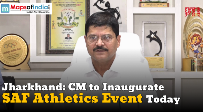 Jharkhand: CM to Inaugurate SAF Athletics Event Today A man sitting in a white chair in front of a shelf with trophies and awards, with text overlay stating 'Jharkhand: CM to Inaugurate SAF Athletics Event Today' and a Maps of India logo in the top left corner.