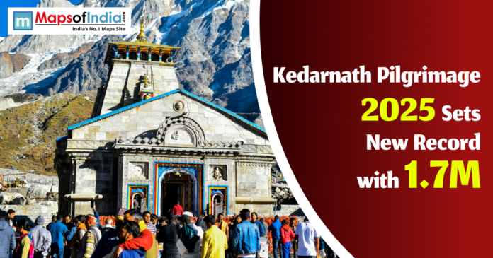 Crowd of pilgrims visiting Kedarnath Temple with the Himalayan mountains in the background, celebrating a record 1.7 million pilgrims in 2025.