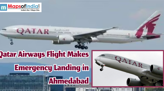 Qatar Airways Flight Makes Emergency Landing in Ahmedabad Image showing a Qatar Airways airplane in flight with text reading "Qatar Airways Flight Makes Emergency Landing in Ahmedabad," and the Maps of India logo at the top.