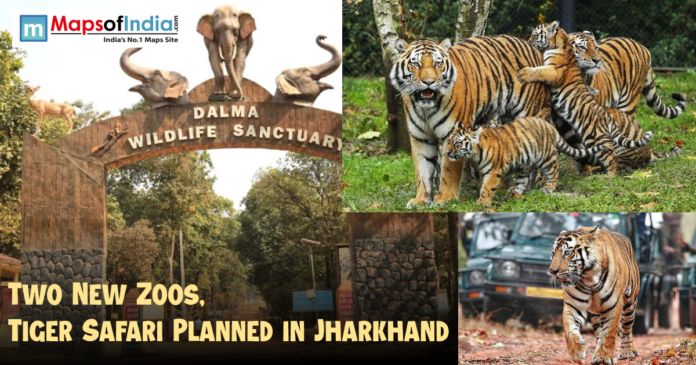 Entrance of Dalma Wildlife Sanctuary with elephants sculpture, images of tigers and cubs, and safari jeeps, highlighting the plan for two new zoos and a tiger safari in Jharkhand.
