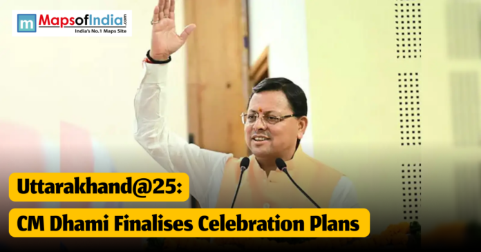 uttarakhand @25 Uttarakhand Chief Minister Pushkar Singh Dhami addressing a gathering with a raised hand gesture, as the image headline reads “Uttarakhand@25: CM Dhami Finalises Celebration Plans.”