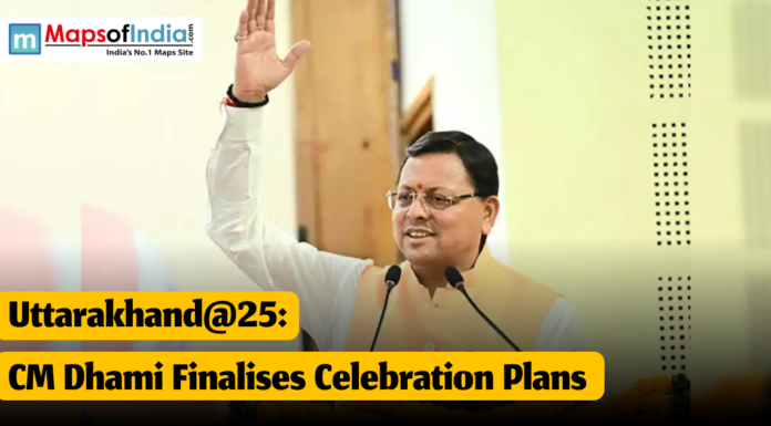 Uttarakhand@25: CM Dhami Finalizes Celebration Plans Uttarakhand Chief Minister Pushkar Singh Dhami addressing a gathering with a raised hand gesture, as the image headline reads “Uttarakhand@25: CM Dhami Finalises Celebration Plans.”